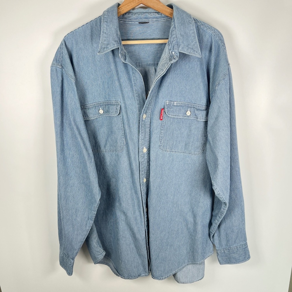 Looney Tunes Vintage Hickory Stripe Denim‎ Shirt Blue White Embroidered Back XL